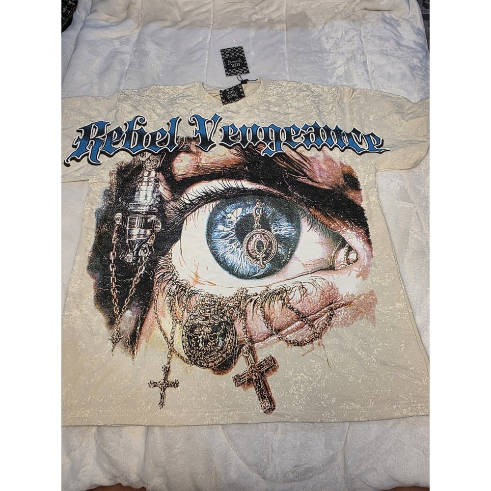 New Rebel Vengeance Alternative Print Goth Cross Time Large Eye Beige White 2XL